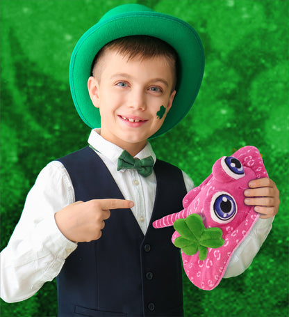 DolliBu Pink Stingray Stuffed Animal with Green Plush Shamrock - 10 Inches