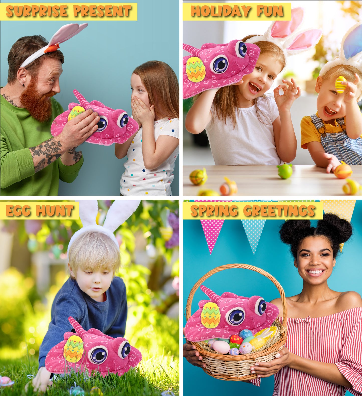 DolliBu Plush Buddies Pink Stingray with Yellow Easter Egg Plush - 10 Inches