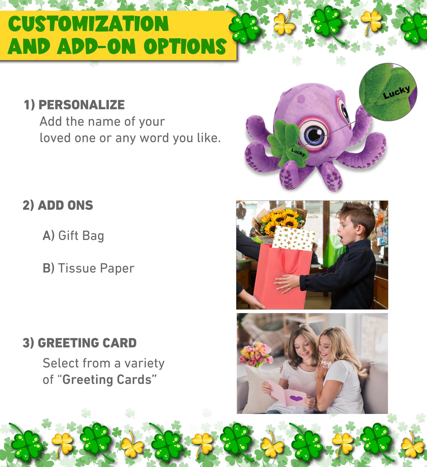 DolliBu Purple Octopus Stuffed Animal with Green Plush Shamrock - 7.5 Inches
