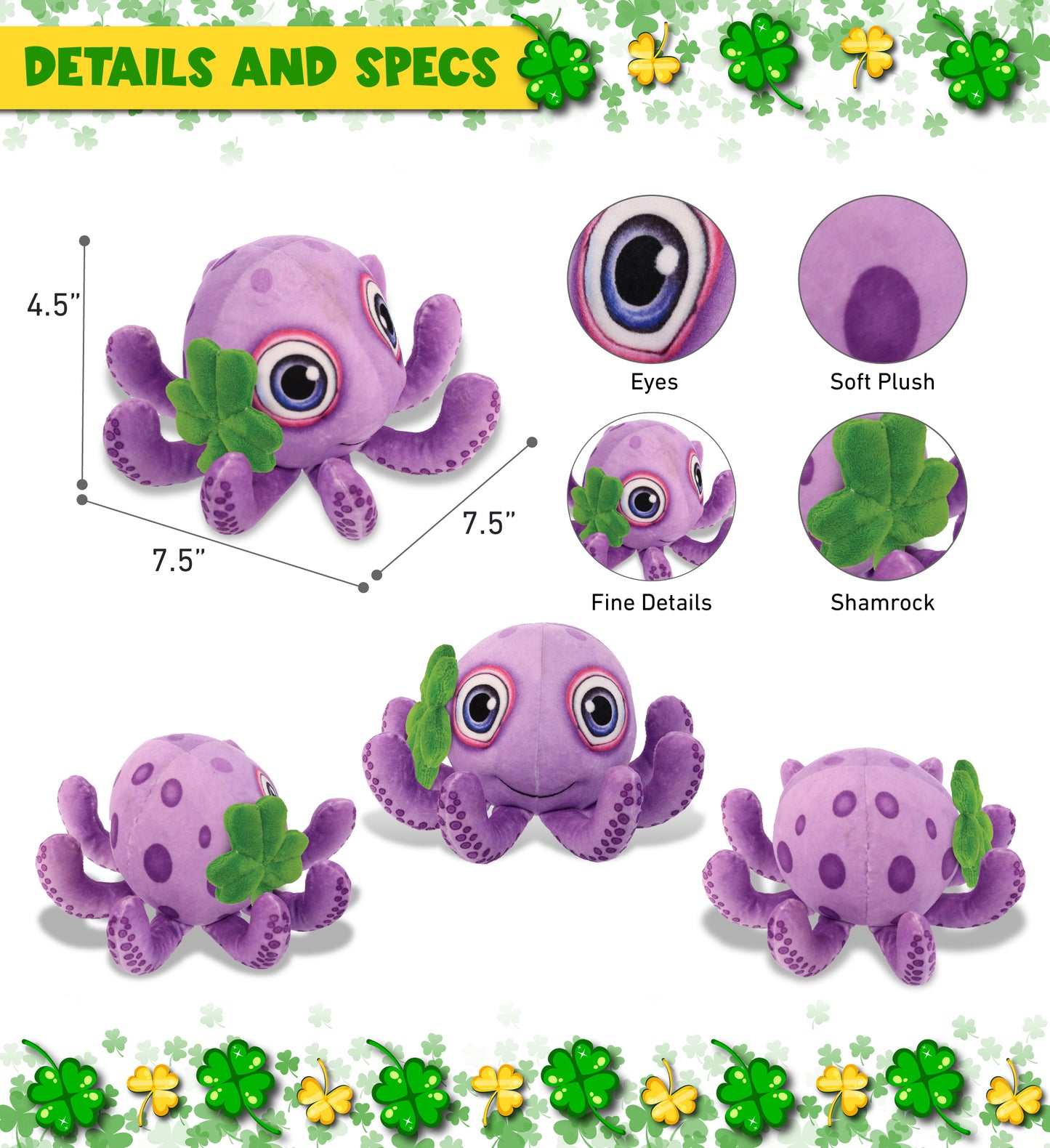 DolliBu Purple Octopus Stuffed Animal with Green Plush Shamrock - 7.5 Inches