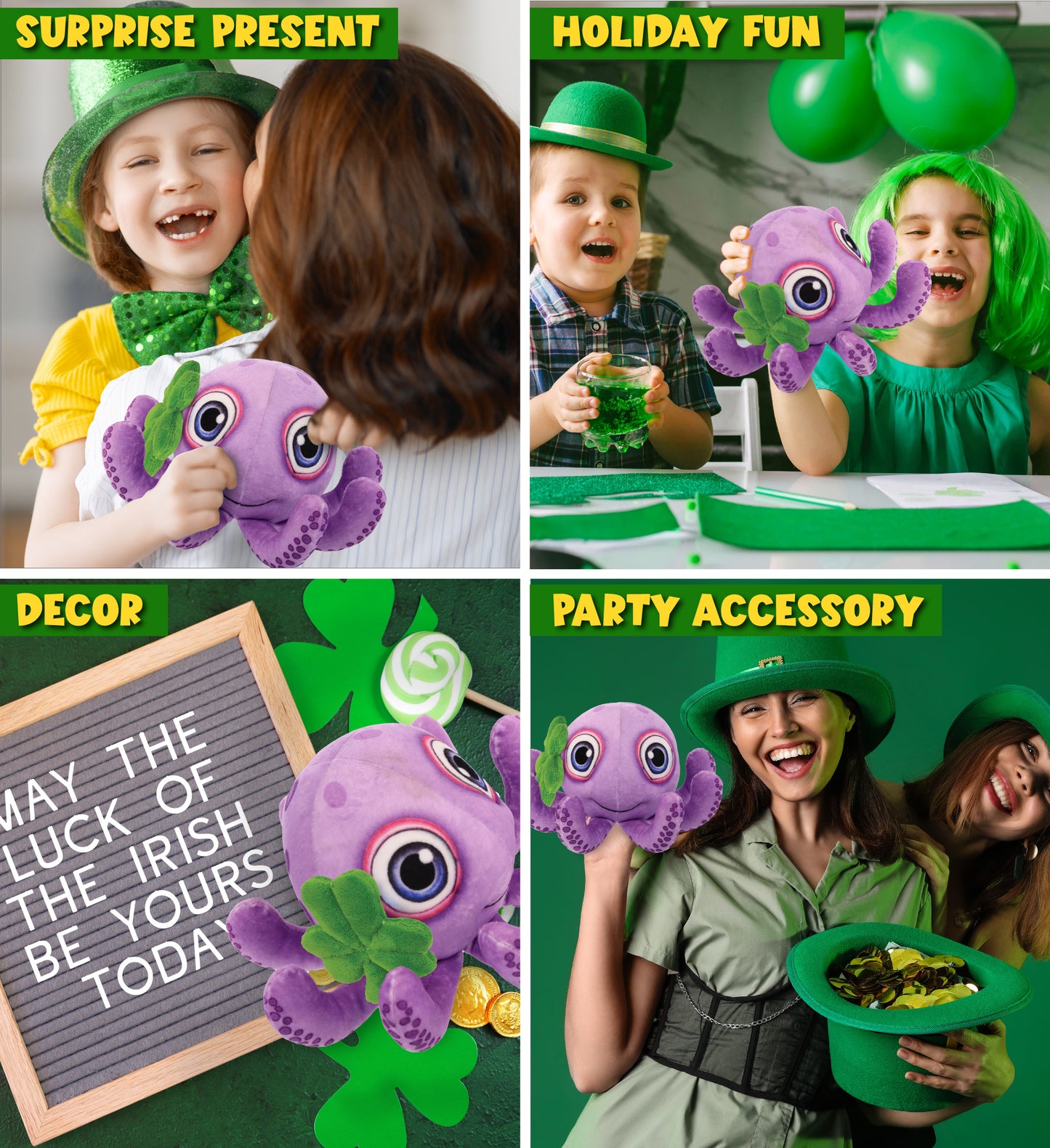 DolliBu Purple Octopus Stuffed Animal with Green Plush Shamrock - 7.5 Inches
