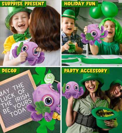 DolliBu Purple Octopus Stuffed Animal with Green Plush Shamrock - 7.5 Inches