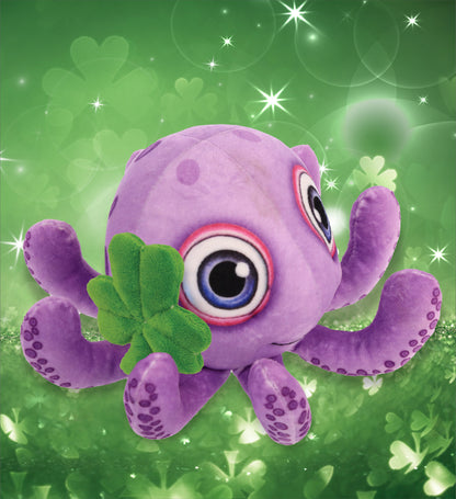 DolliBu Purple Octopus Stuffed Animal with Green Plush Shamrock - 7.5 Inches