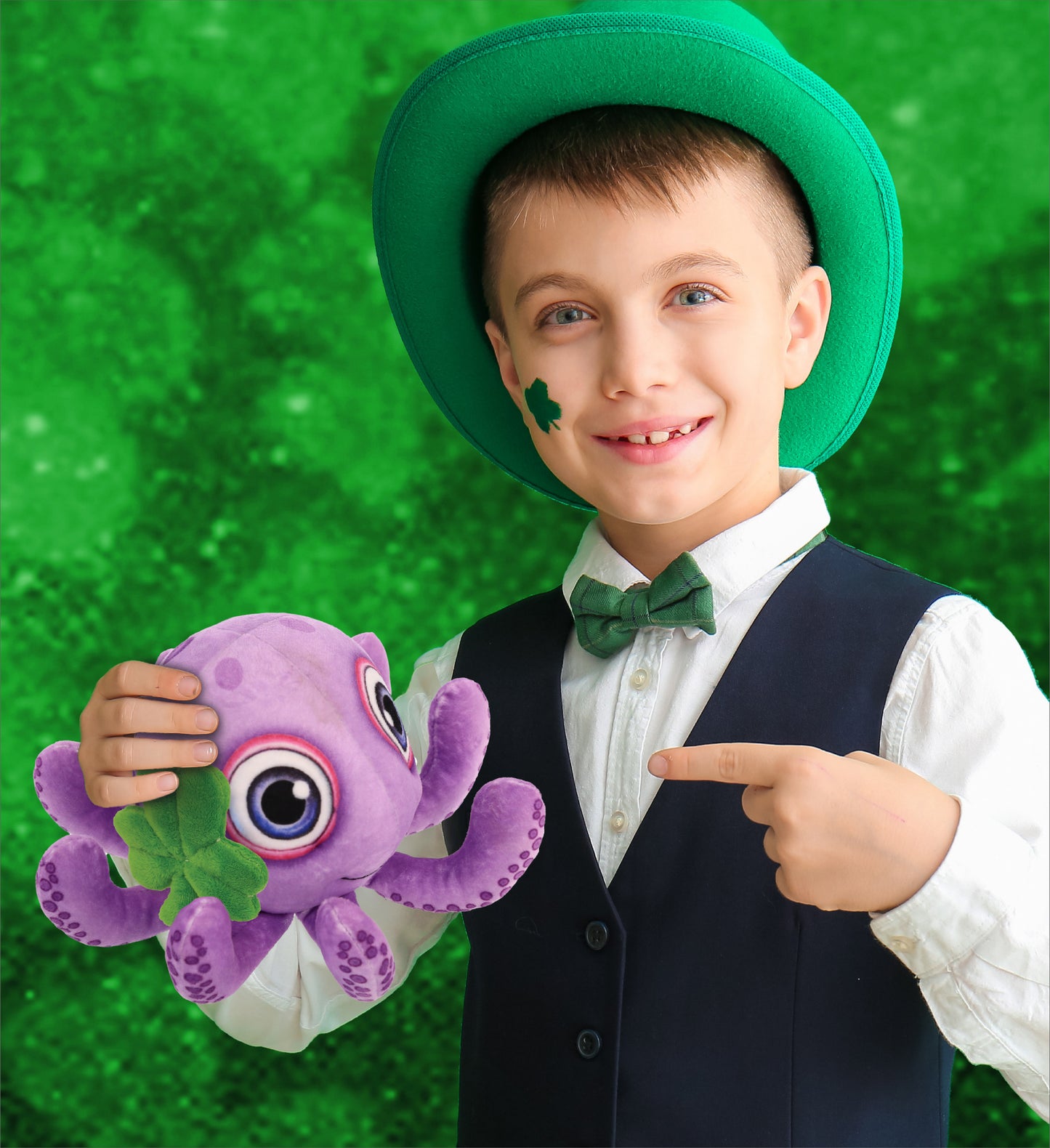 DolliBu Purple Octopus Stuffed Animal with Green Plush Shamrock - 7.5 Inches