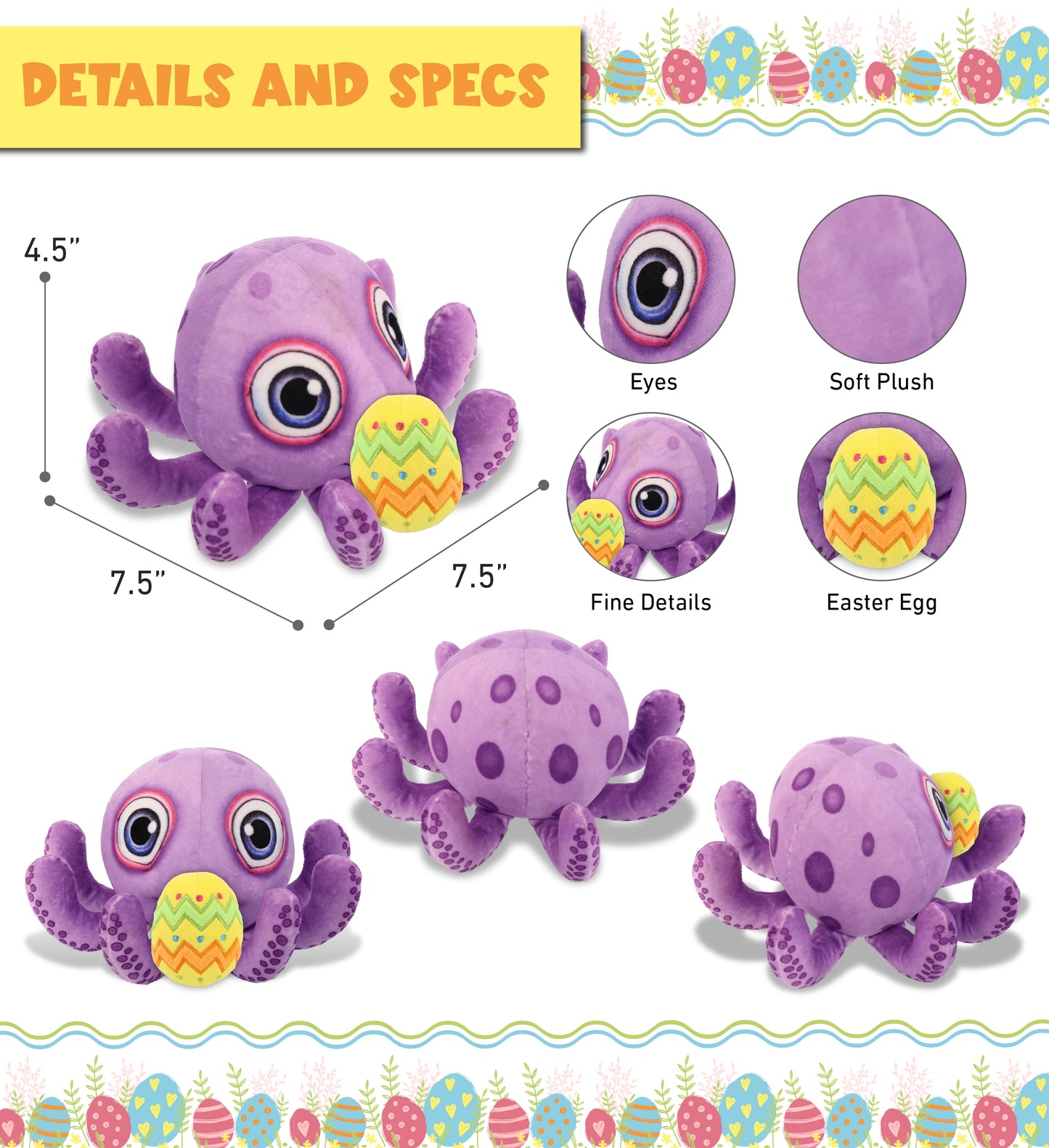 DolliBu Plush Buddies Purple Octopus with Yellow Easter Egg Plush - 7.5 Inches