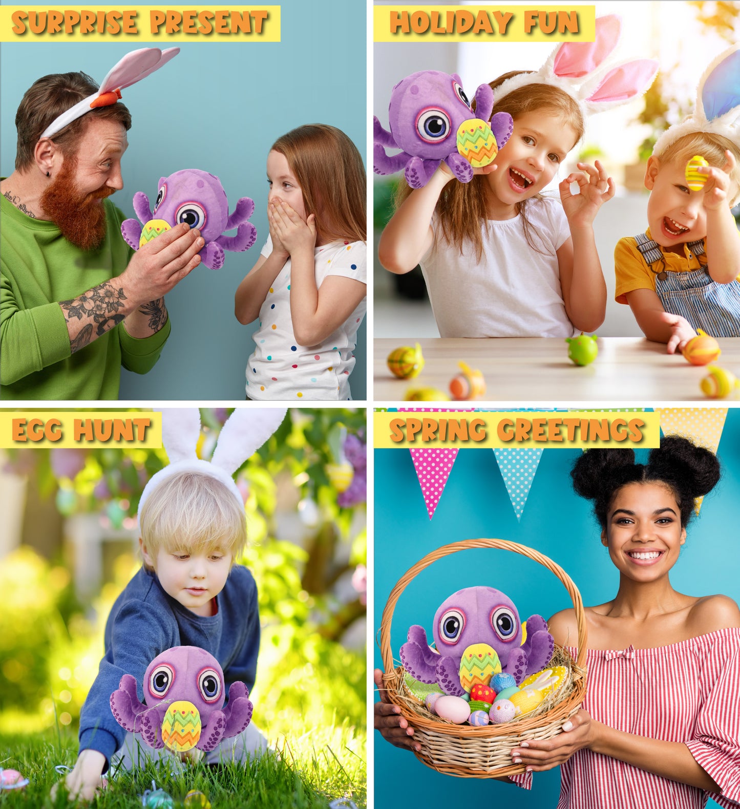 DolliBu Plush Buddies Purple Octopus with Yellow Easter Egg Plush - 7.5 Inches