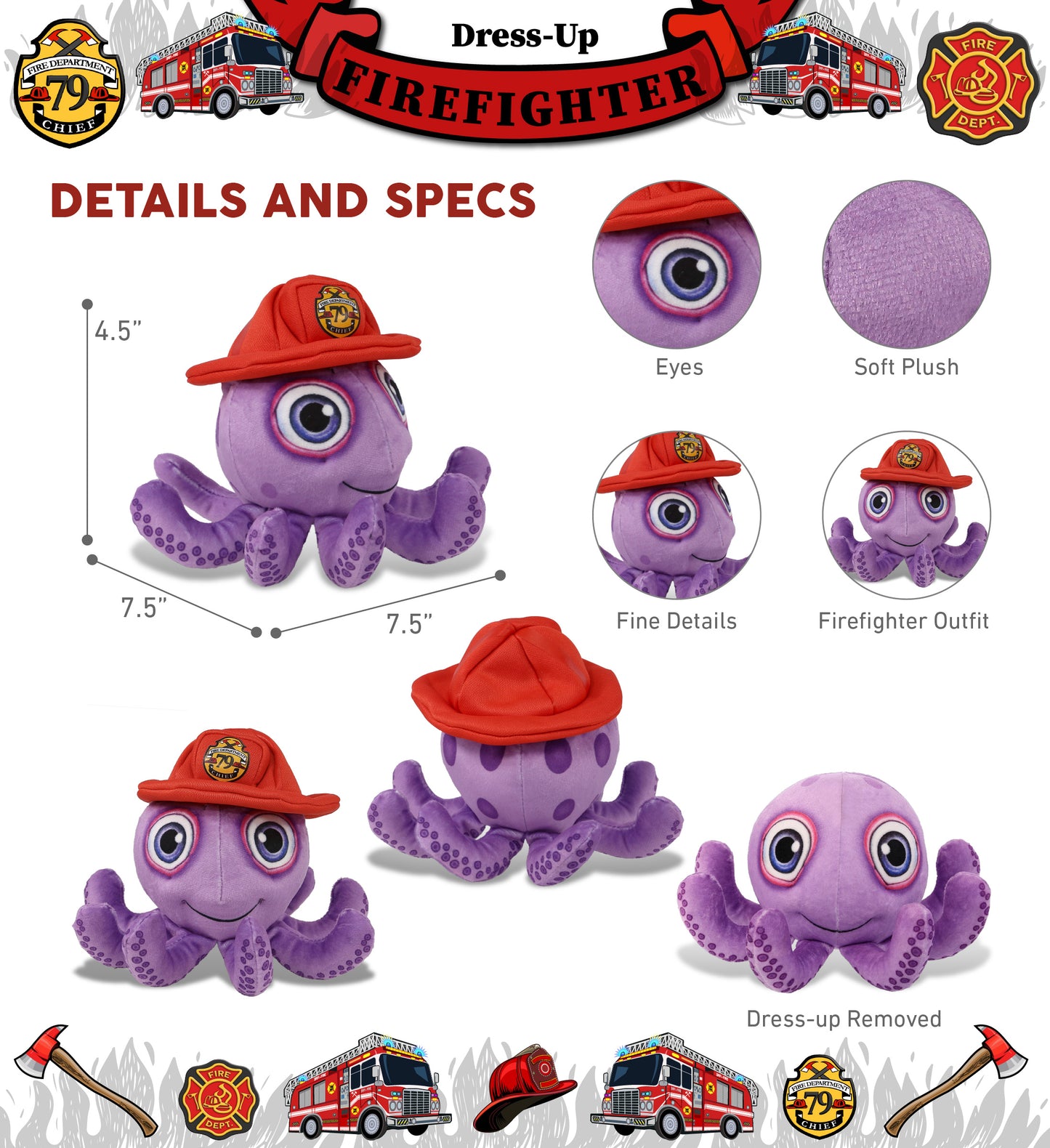 PLUSH BUDDIES - PURPLE OCTOPUS WITH FIREMAN DRESS UP