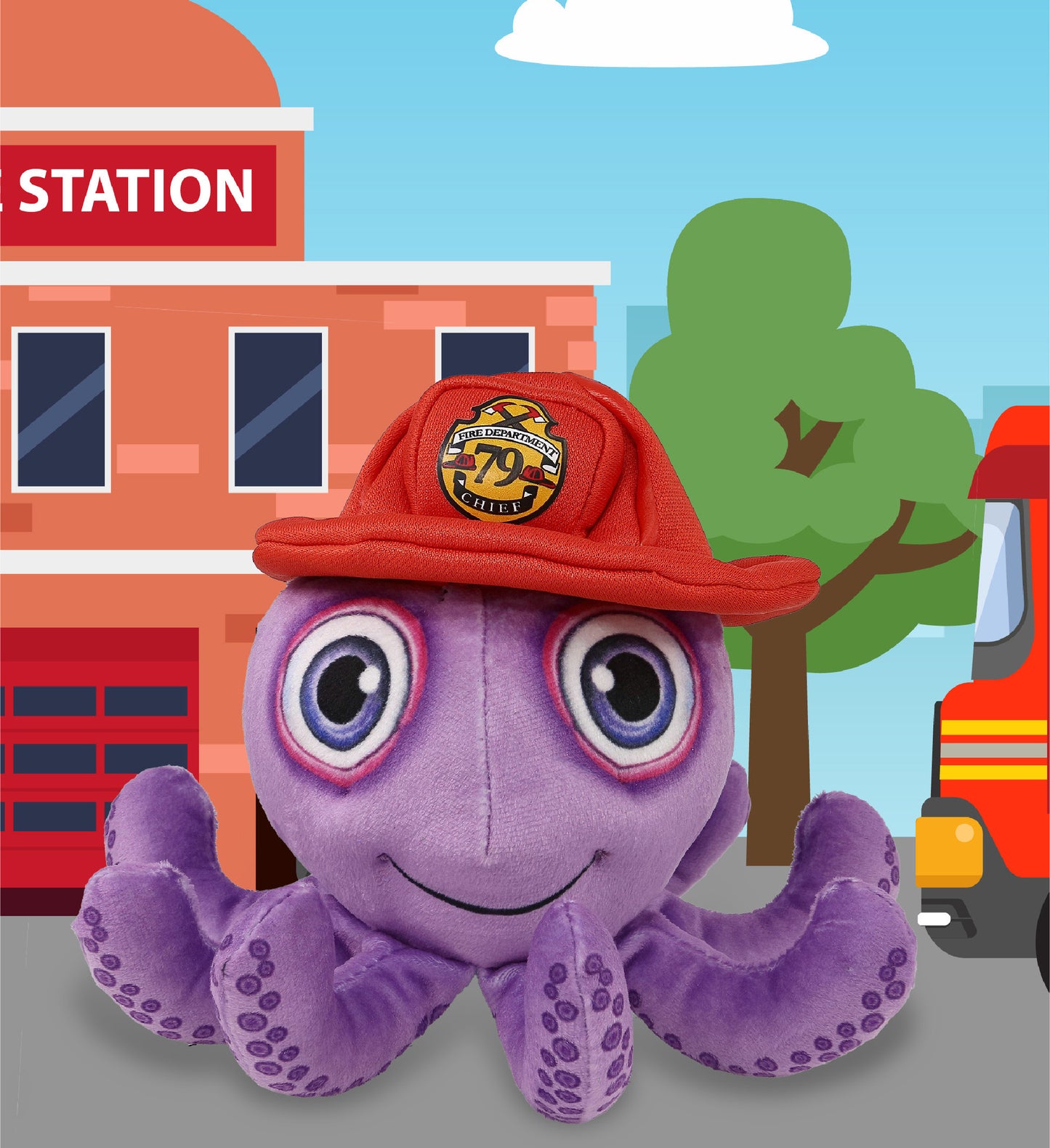 PLUSH BUDDIES - PURPLE OCTOPUS WITH FIREMAN DRESS UP