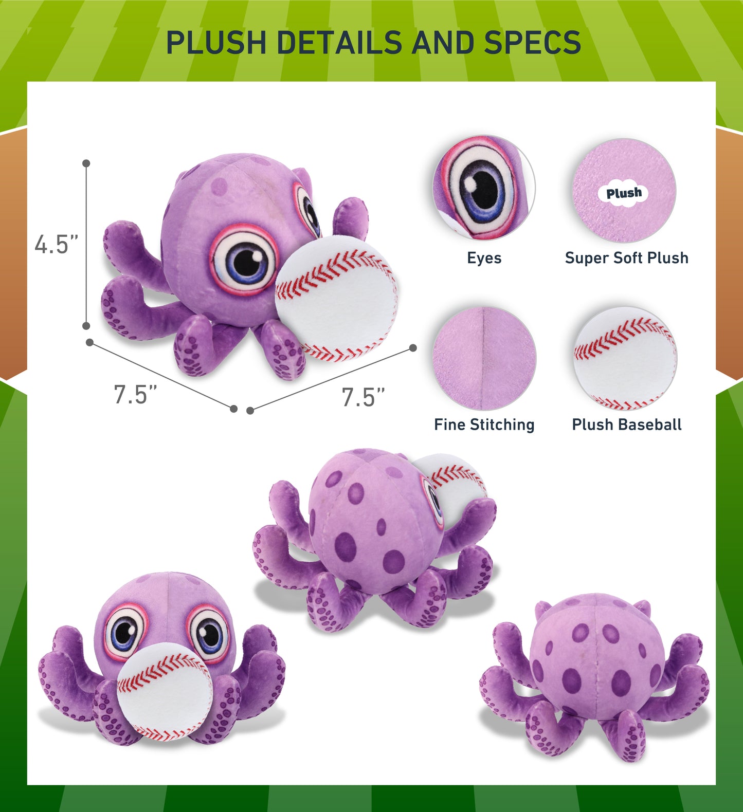 PLUSH BUDDIES - PURPLE OCTOPUS WITH BASEBALL PLUSH