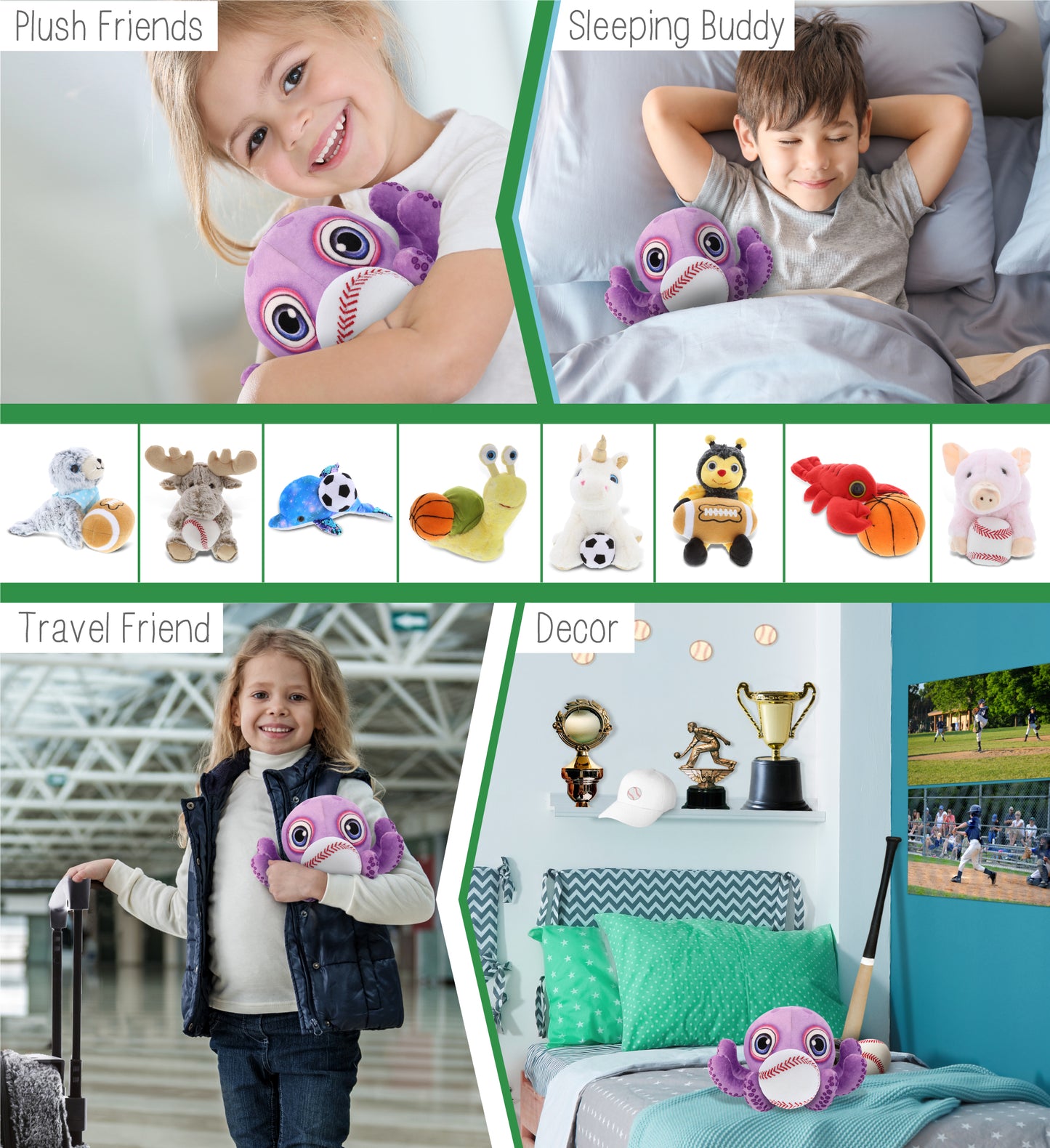 PLUSH BUDDIES - PURPLE OCTOPUS WITH BASEBALL PLUSH