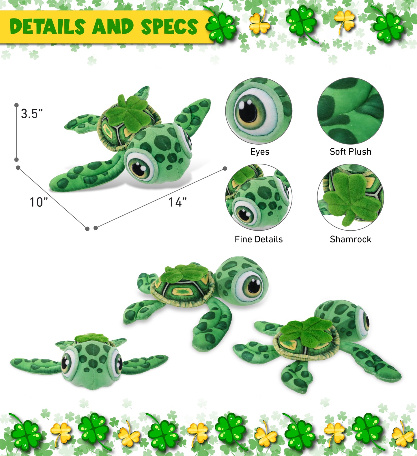 DolliBu Green Sea Turtle Stuffed Animal with Green Plush Shamrock - 14 Inches
