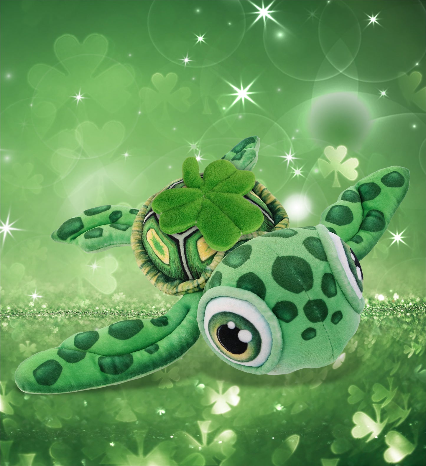 DolliBu Green Sea Turtle Stuffed Animal with Green Plush Shamrock - 14 Inches