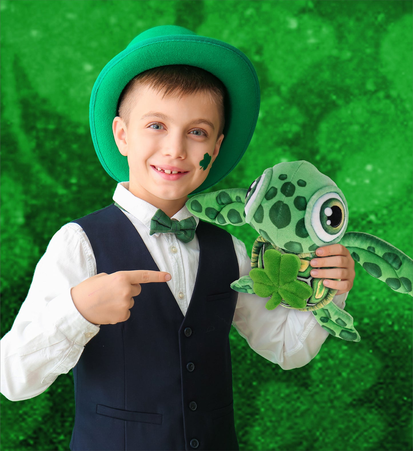 DolliBu Green Sea Turtle Stuffed Animal with Green Plush Shamrock - 14 Inches