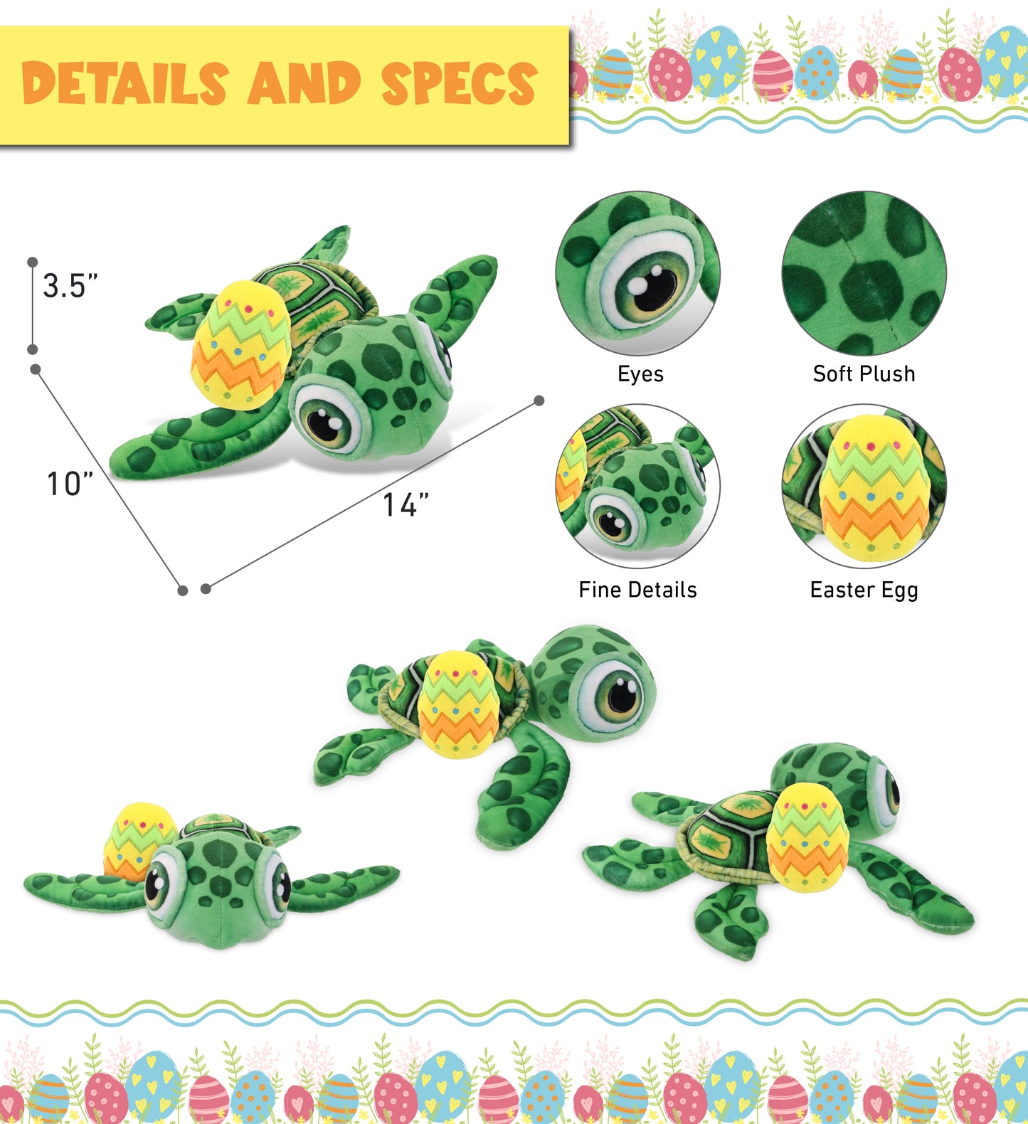 DolliBu Plush Buddies Green Sea Turtle with Yellow Easter Egg Plush - 10 Inches