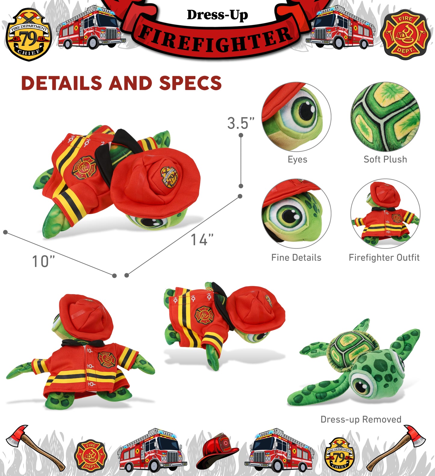 PLUSH BUDDIES - GREEN SEA TURTLE WITH FIREMAN DRESS UP