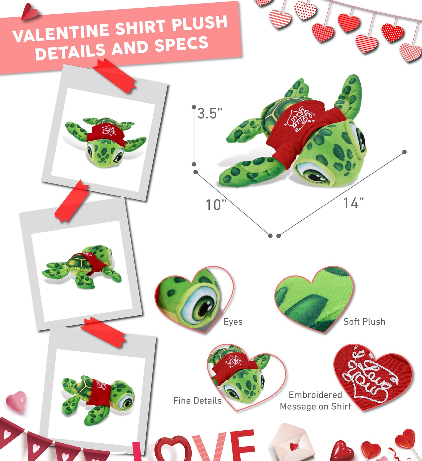 DolliBu Valentine Plush Buddies Green Sea Turtle with Red Shirt - 14 Inches