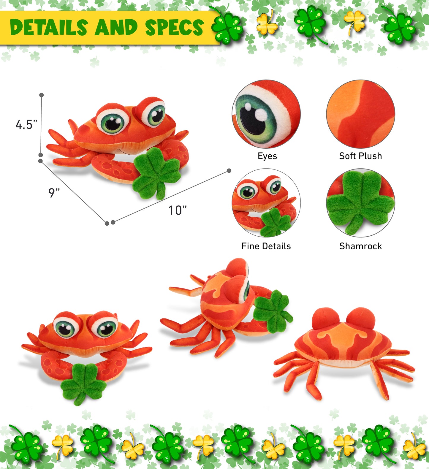 DolliBu Super Soft Red Crab Stuffed Animal with Green Plush Shamrock - 10 Inch