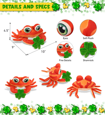 DolliBu Super Soft Red Crab Stuffed Animal with Green Plush Shamrock - 10 Inch