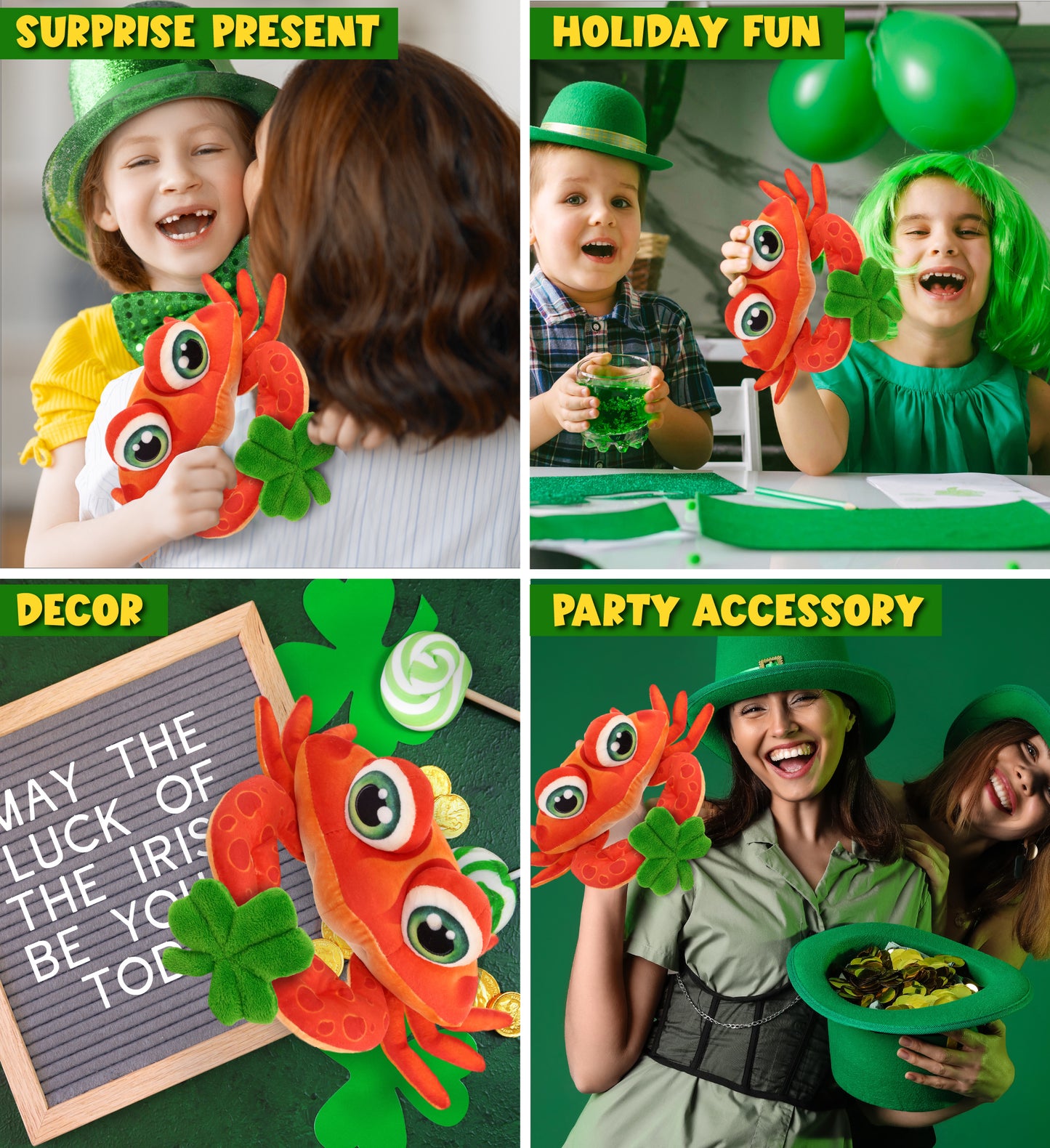 DolliBu Super Soft Red Crab Stuffed Animal with Green Plush Shamrock - 10 Inch