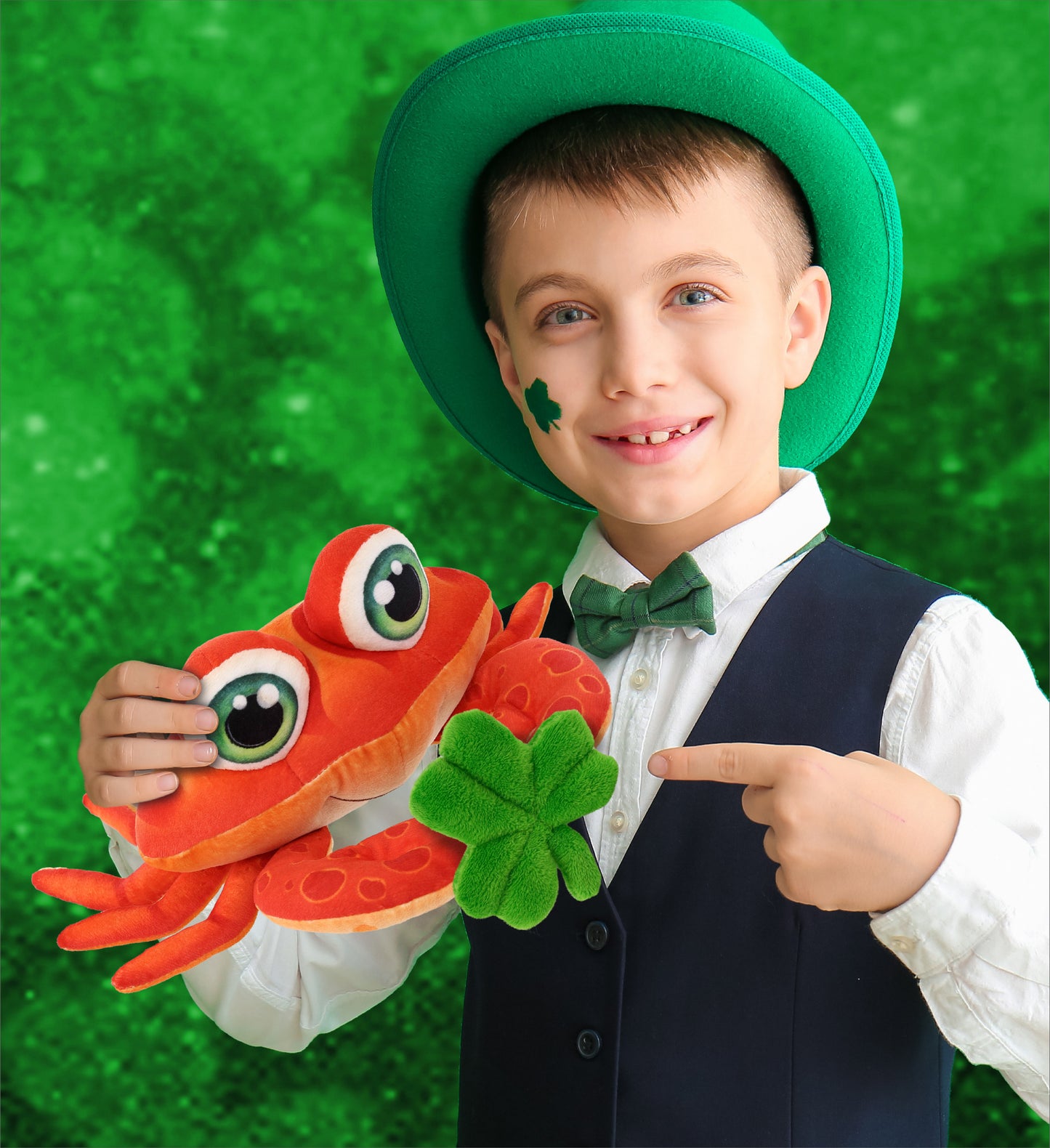 DolliBu Super Soft Red Crab Stuffed Animal with Green Plush Shamrock - 10 Inch