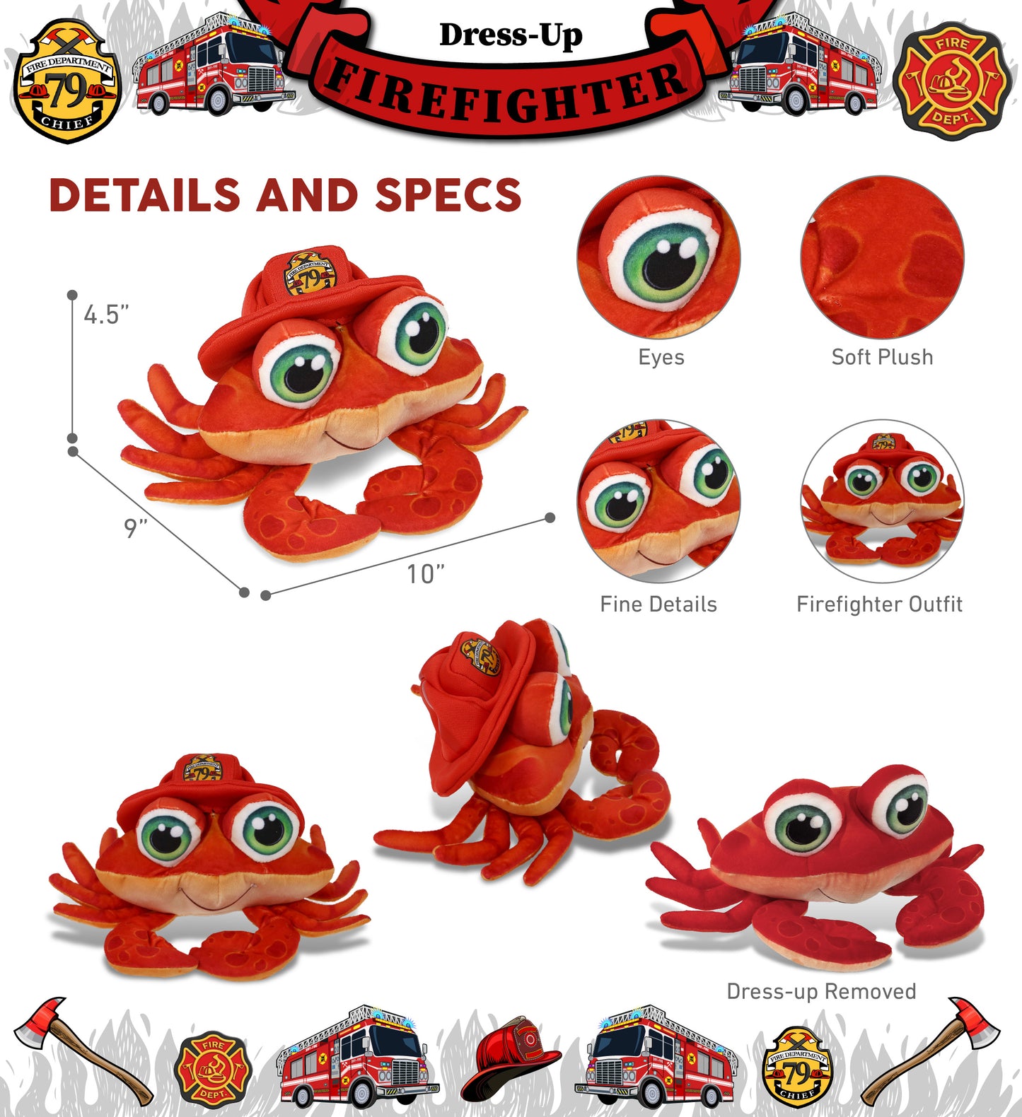 PLUSH BUDDIES - RED CRAB WITH FIREMAN DRESS UP