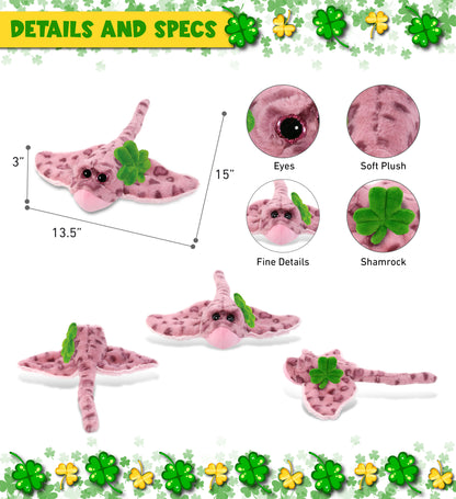 DolliBu Pink Rose Stingray Stuffed Animal with Green Plush Shamrock - 15 Inches