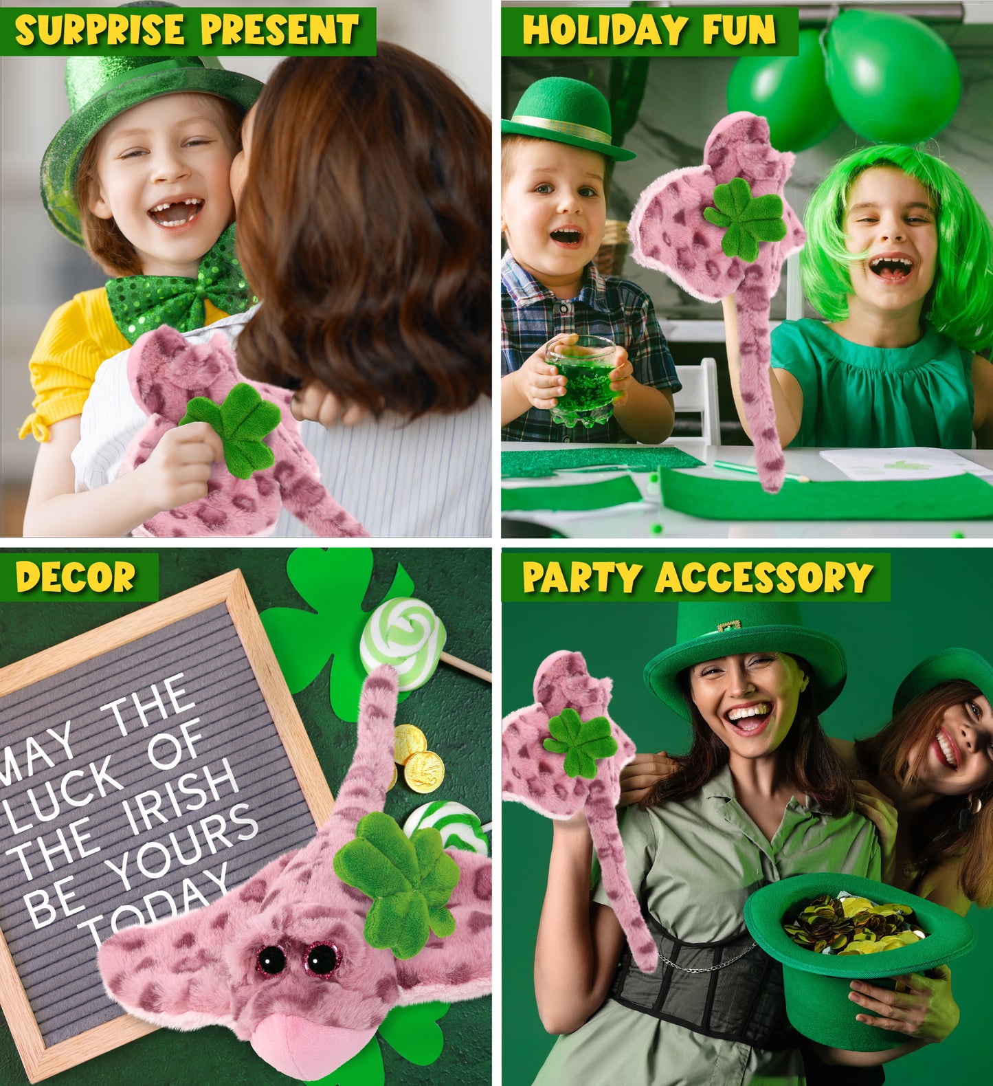 DolliBu Pink Rose Stingray Stuffed Animal with Green Plush Shamrock - 15 Inches