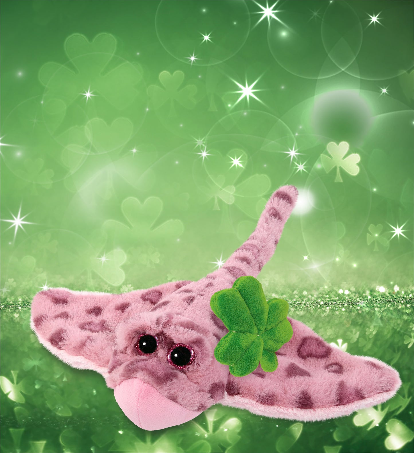 DolliBu Pink Rose Stingray Stuffed Animal with Green Plush Shamrock - 15 Inches