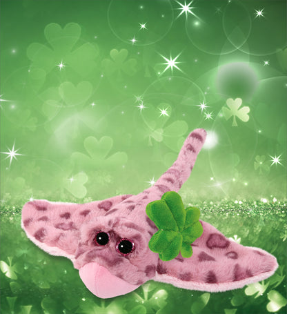 DolliBu Pink Rose Stingray Stuffed Animal with Green Plush Shamrock - 15 Inches