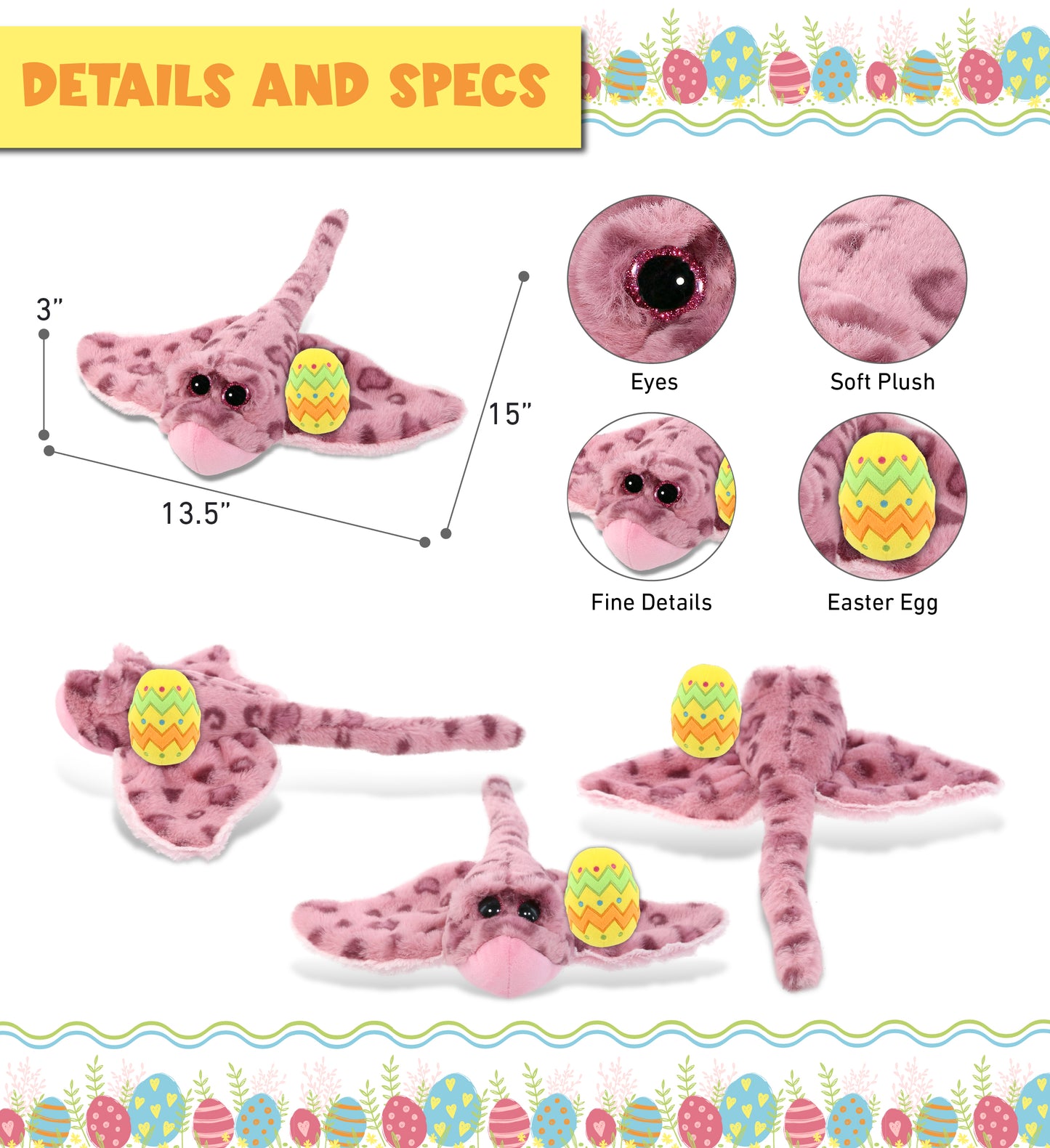 DolliBu Super Soft Pink Rose Stingray with Yellow Easter Egg Plush - 15 Inches