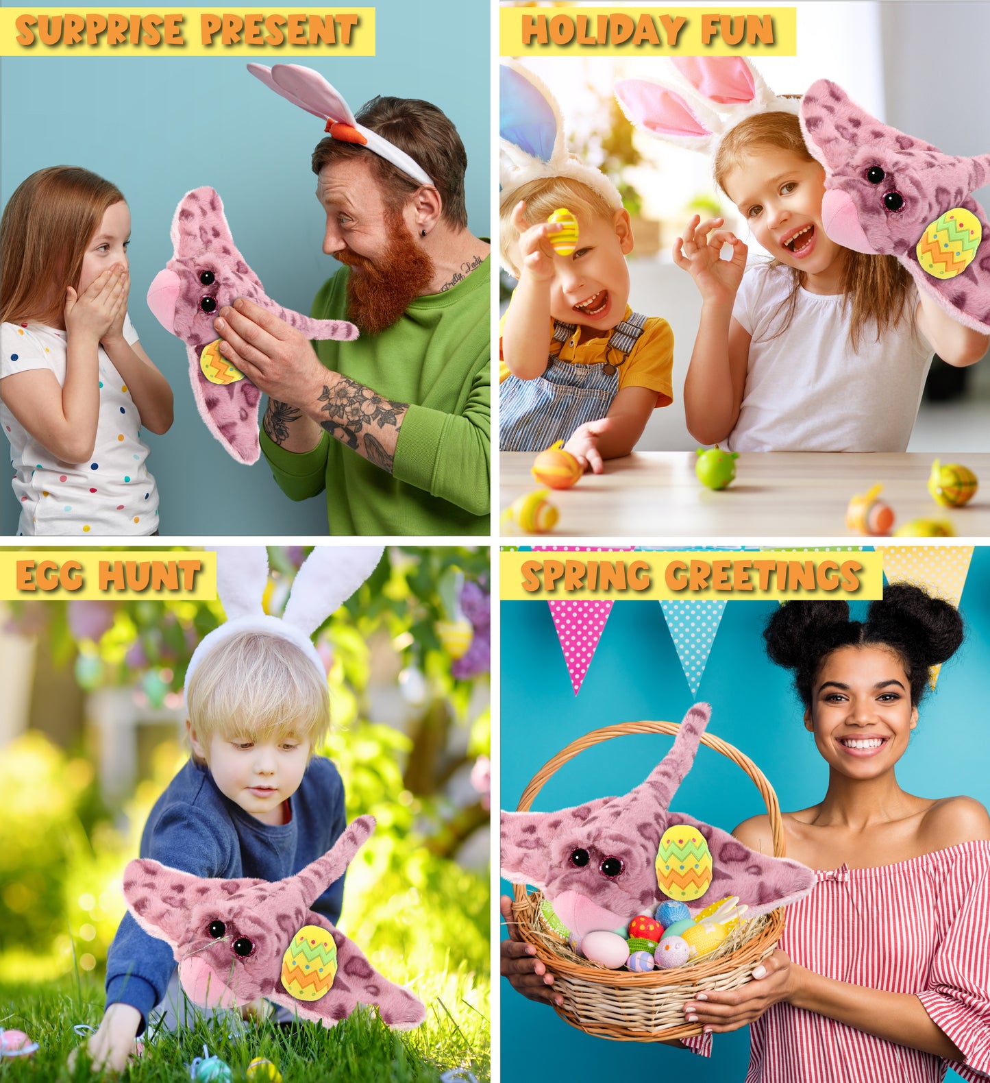 DolliBu Super Soft Pink Rose Stingray with Yellow Easter Egg Plush - 15 Inches