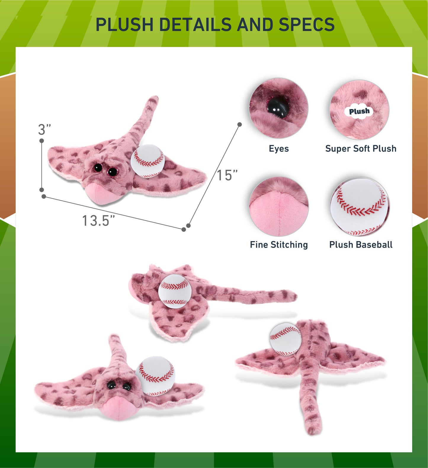 SUPER-SOFT PLUSH - PINK ROSE STINGRAY WITH BASEBALL PLUSH