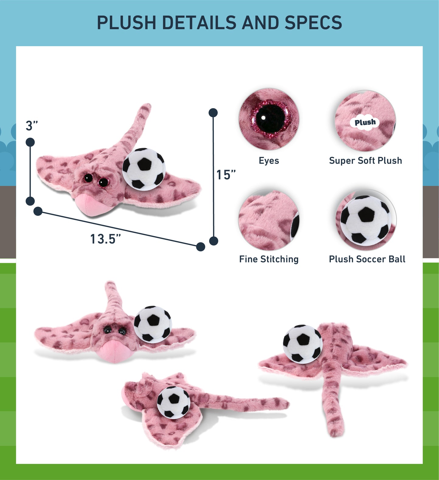 SUPER-SOFT PLUSH - PINK ROSE STINGRAY WITH SOCCER PLUSH
