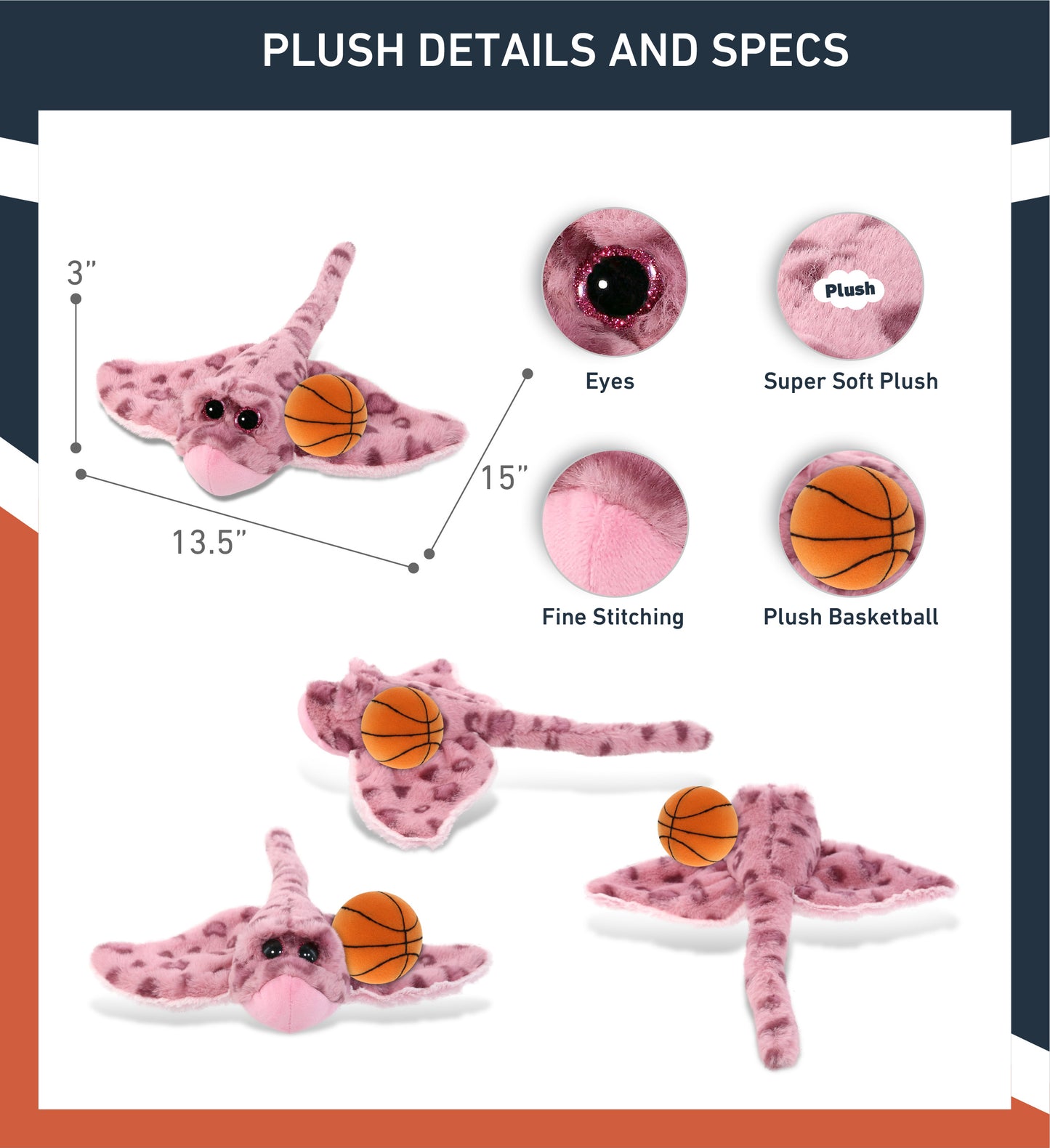 SUPER-SOFT PLUSH - PINK ROSE STINGRAY WITH BASKETBALL PLUSH