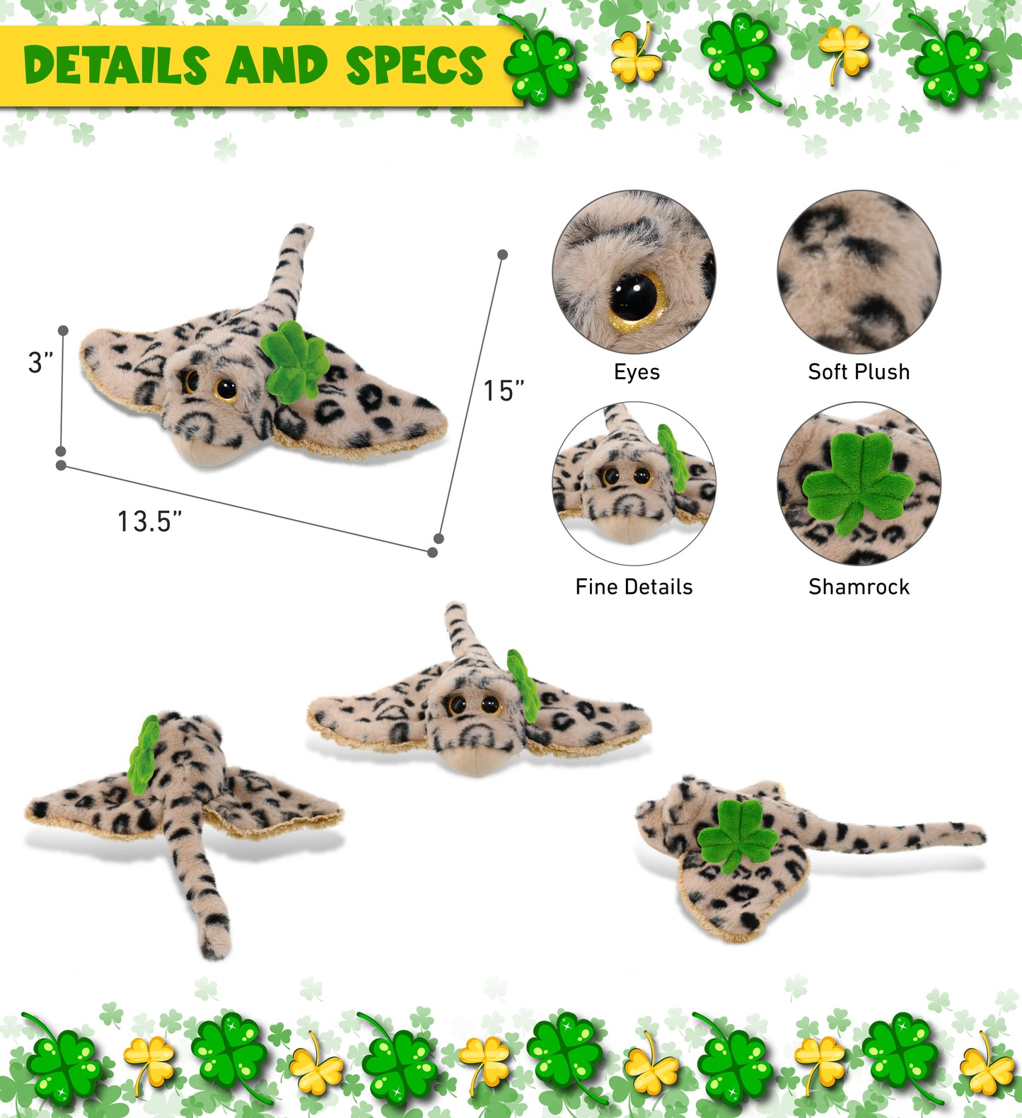 DolliBu Golden Stingray Stuffed Animal with Green Plush Shamrock - 15 Inches