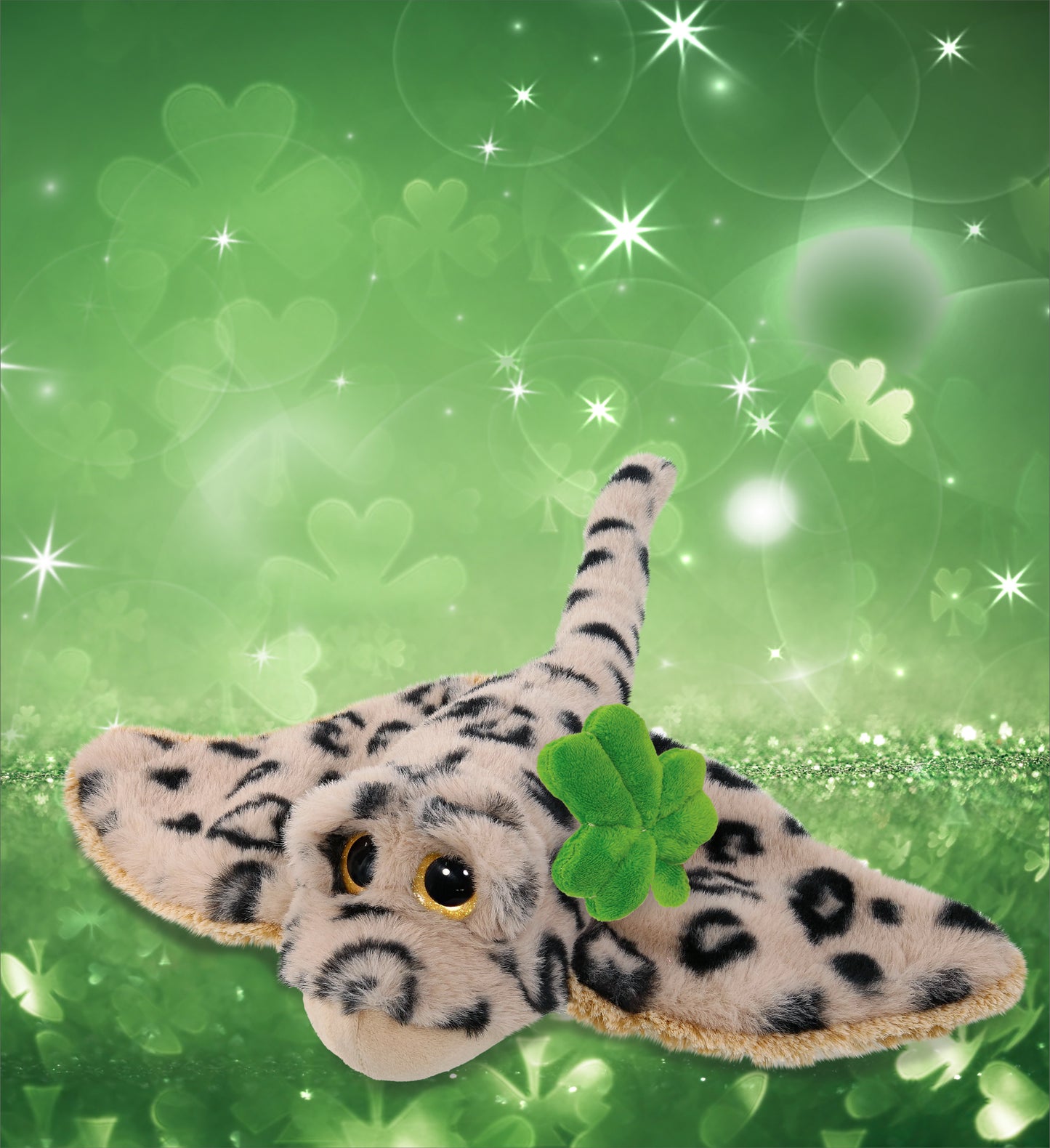 DolliBu Golden Stingray Stuffed Animal with Green Plush Shamrock - 15 Inches