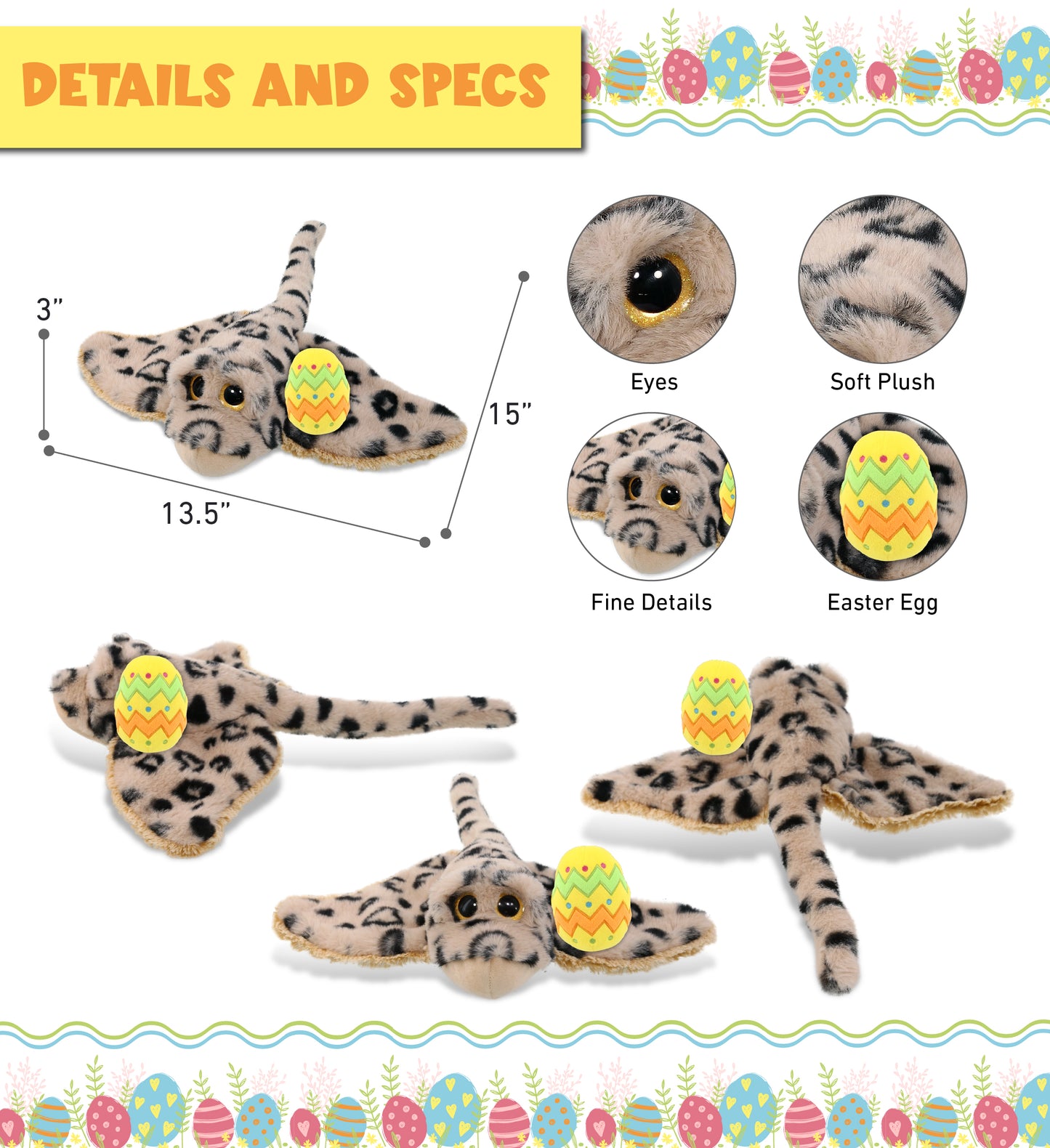 DolliBu Super Soft Golden Stingray with Yellow Easter Egg Plush - 15 Inches