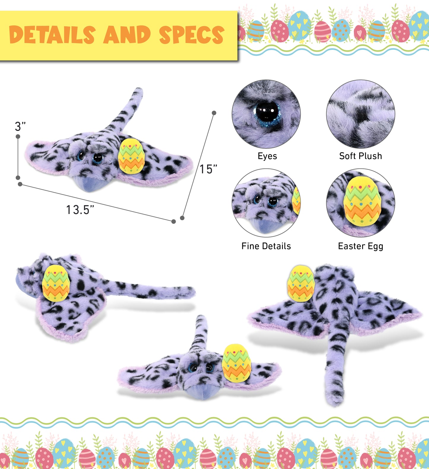 DolliBu Super Soft Purple Stingray with Yellow Easter Egg Plush - 15 Inches
