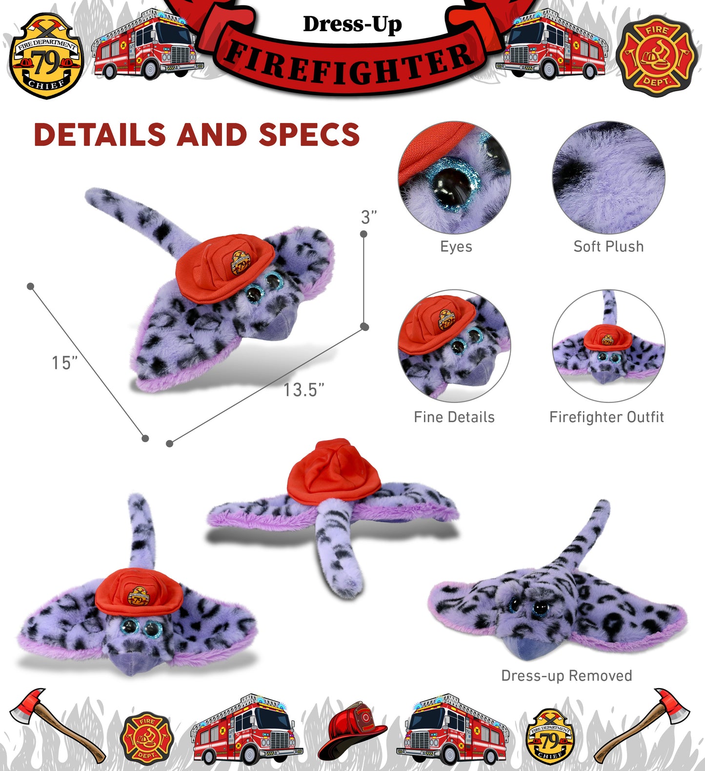 SUPER-SOFT PLUSH - PURPLE STINGRAY WITH FIREMAN DRESS UP