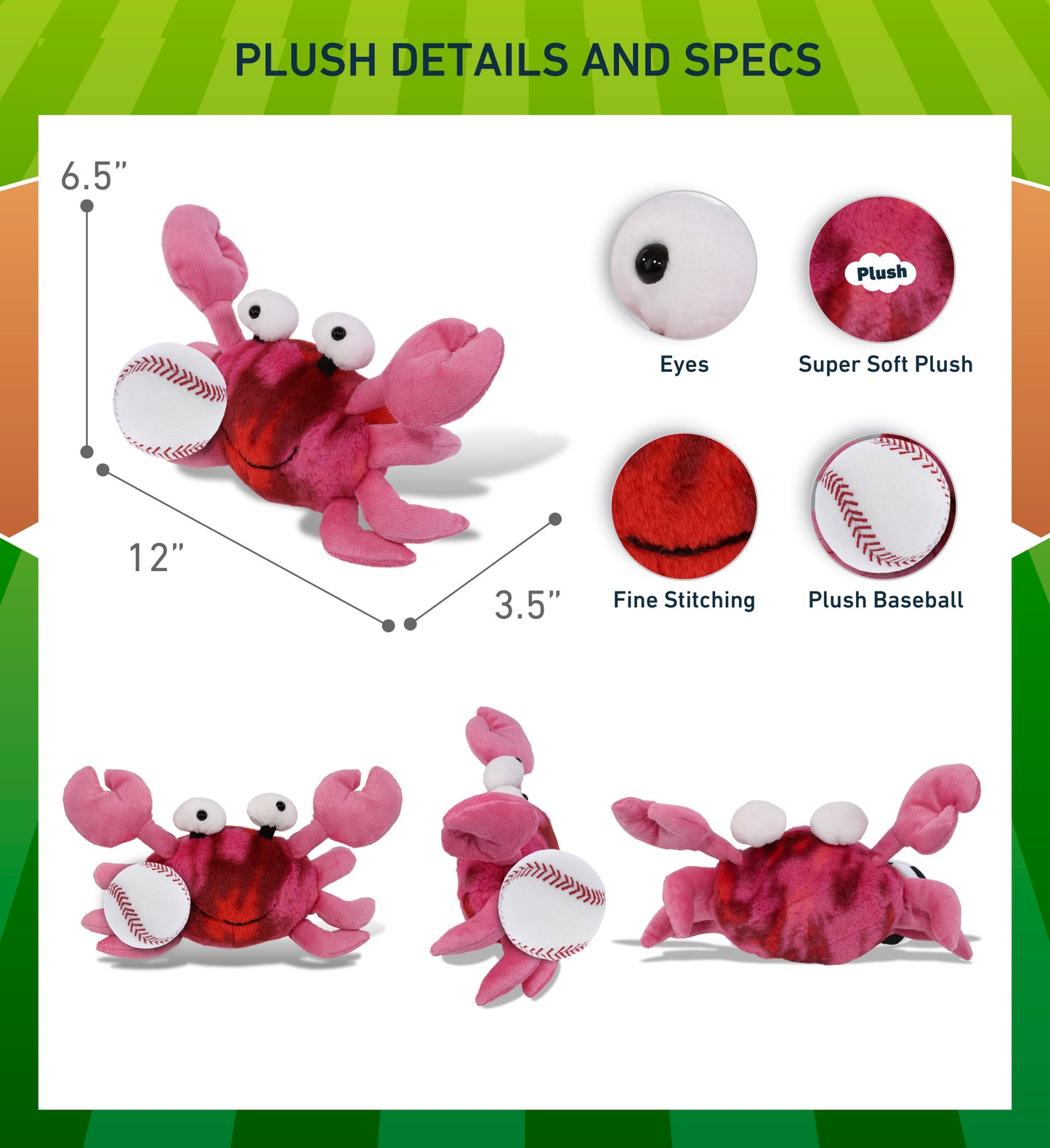 SUPER-SOFT PLUSH - PINK TIE-DYE CRAB 12" WITH BASEBALL PLUSH
