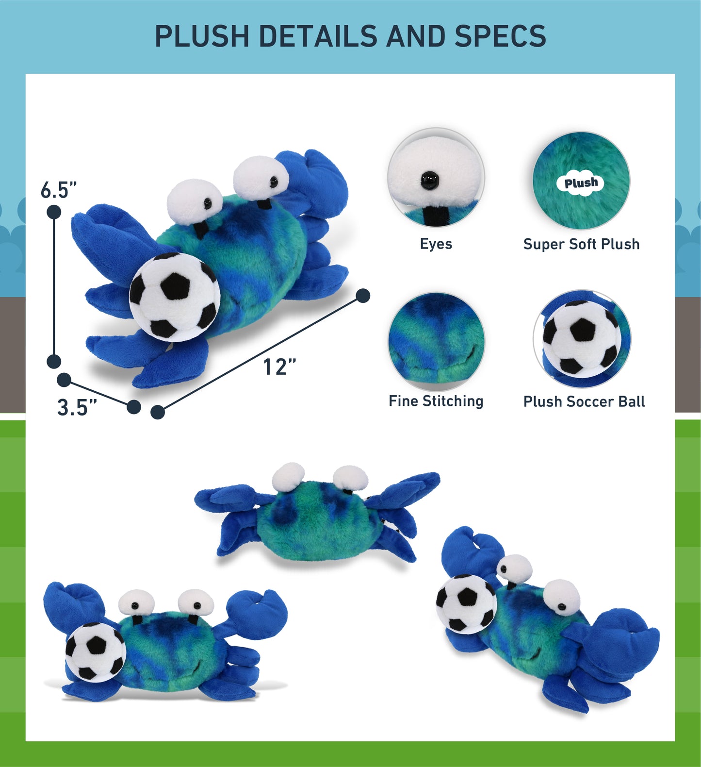 SUPER-SOFT PLUSH - BLUE TIE-DYE CRAB 12" WITH SOCCER PLUSH