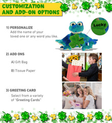 DolliBu Blue Tie-Dye Frog Stuffed Animal with Green Plush Shamrock - 12 Inches