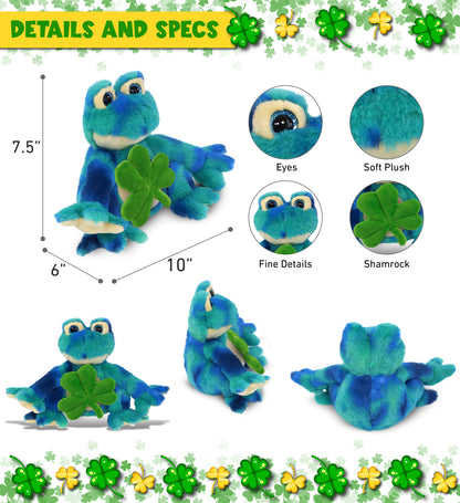 DolliBu Blue Tie-Dye Frog Stuffed Animal with Green Plush Shamrock - 12 Inches