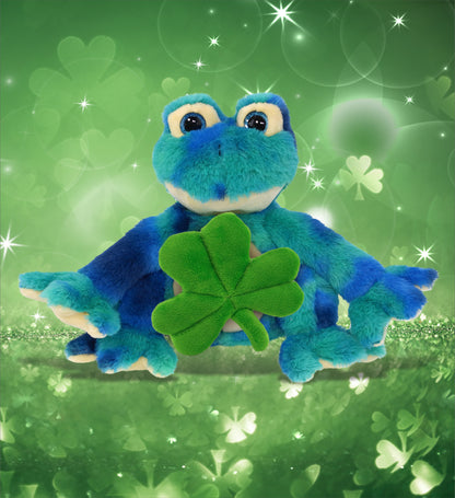 DolliBu Blue Tie-Dye Frog Stuffed Animal with Green Plush Shamrock - 12 Inches