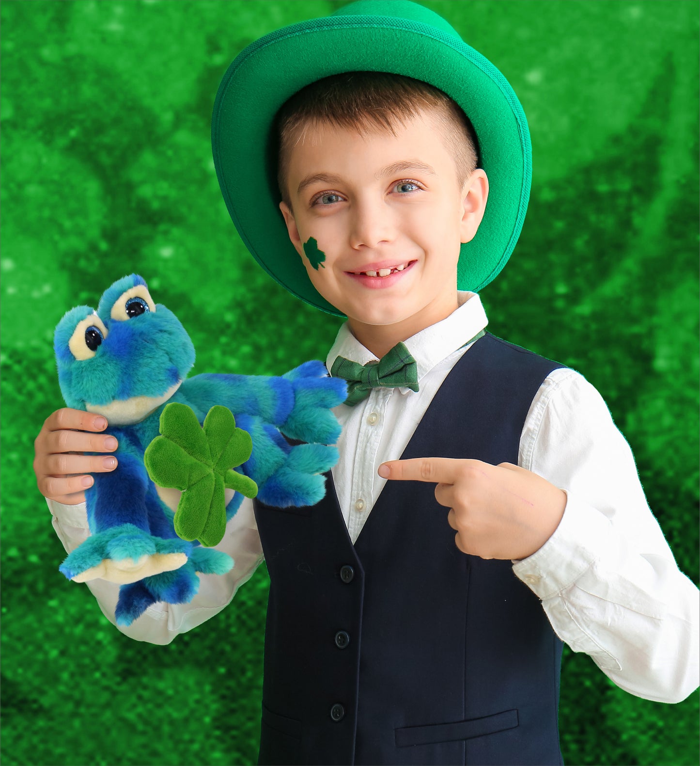 DolliBu Blue Tie-Dye Frog Stuffed Animal with Green Plush Shamrock - 12 Inches