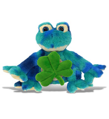 DolliBu Blue Tie-Dye Frog Stuffed Animal with Green Plush Shamrock - 12 Inches