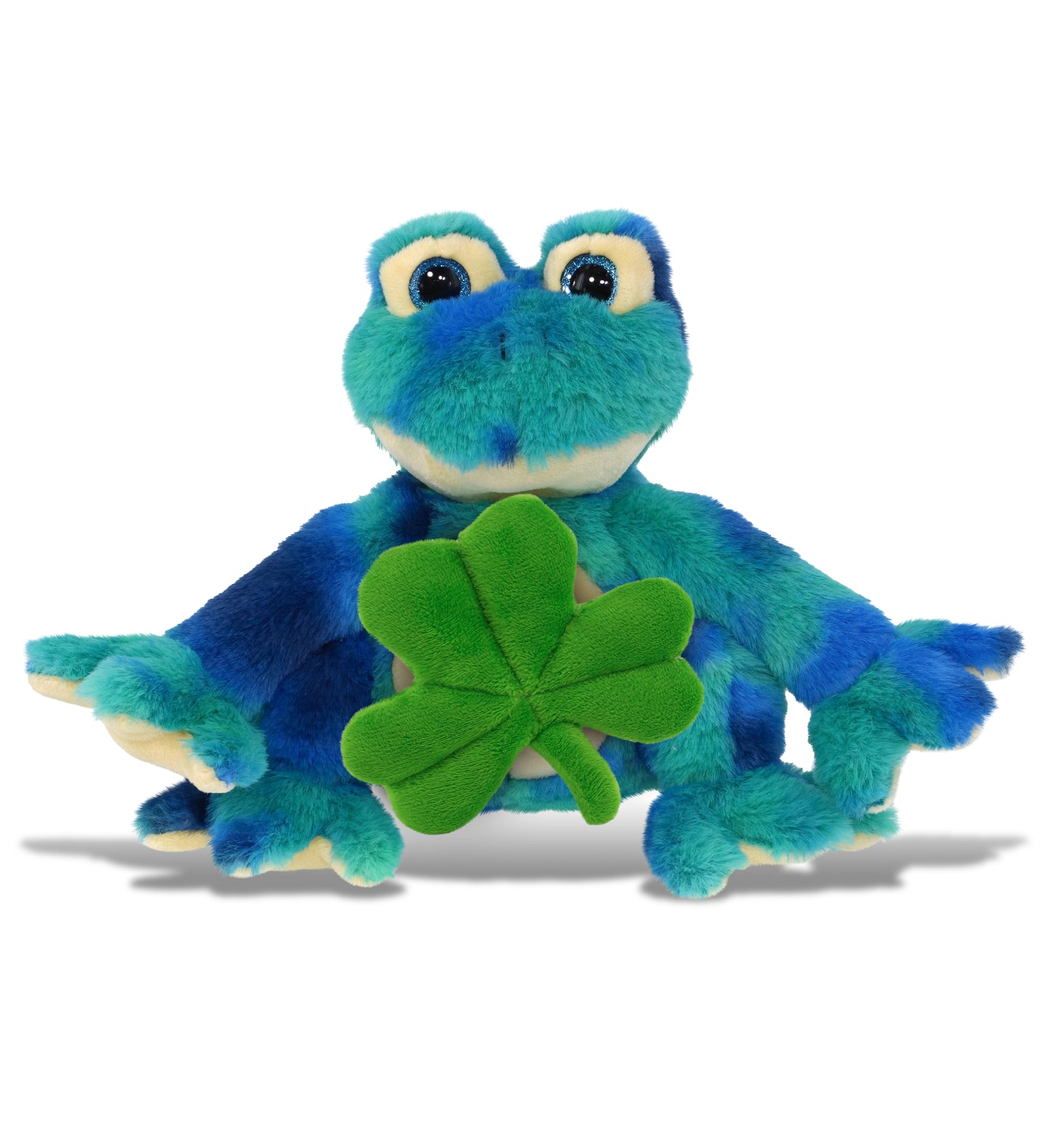 DolliBu Blue Tie-Dye Frog Stuffed Animal with Green Plush Shamrock - 12 Inches