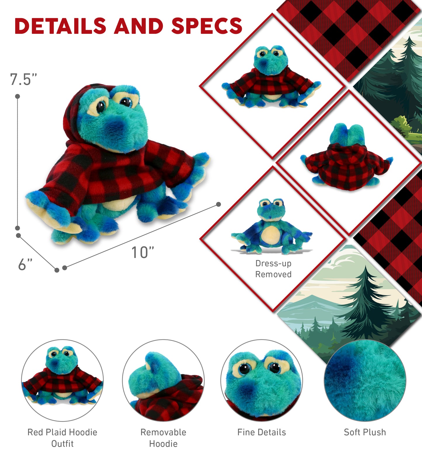 SUPER-SOFT PLUSH - BLUE TIE-DYE FROG 12" WITH RED PLAID HOODIE