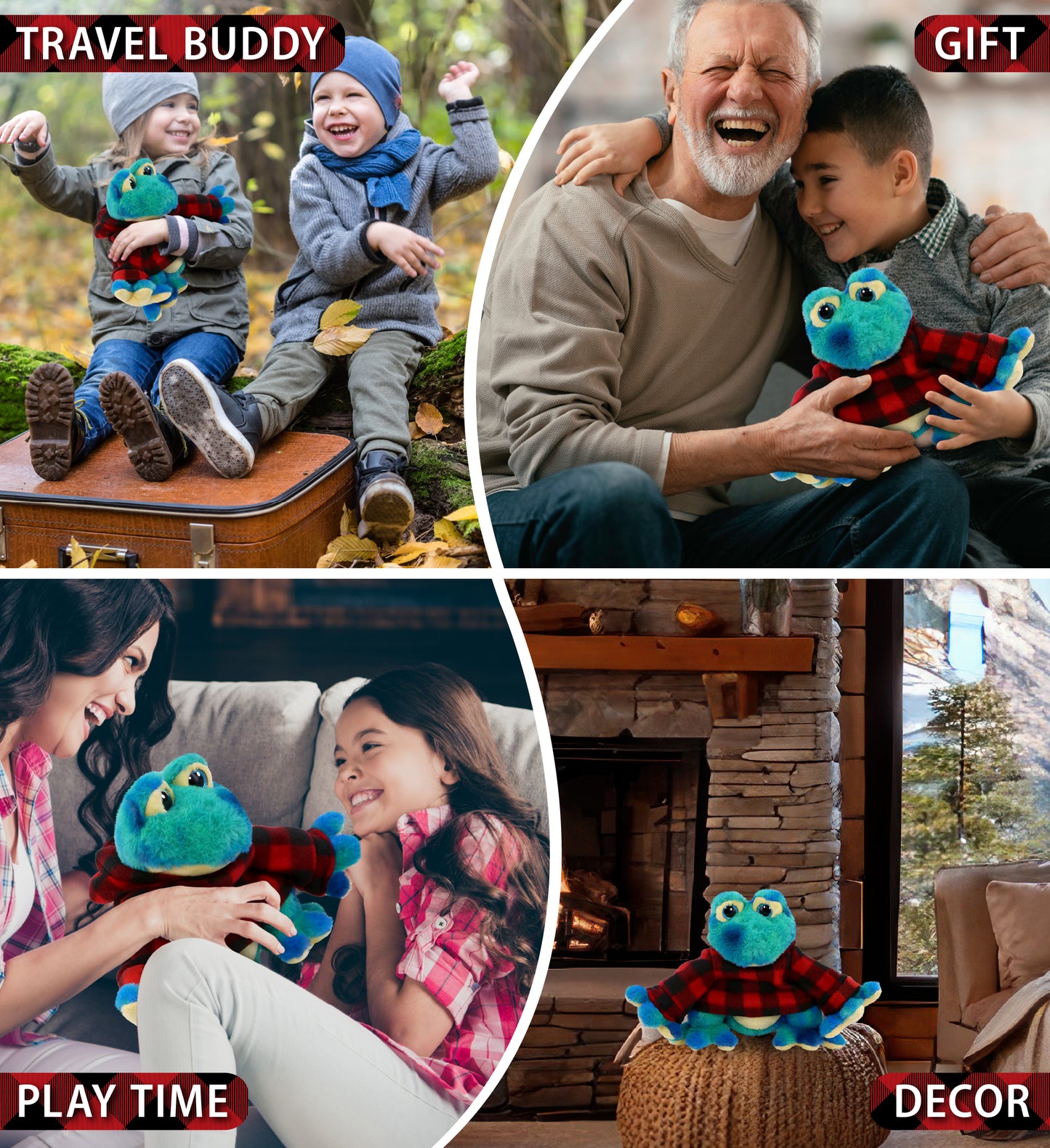 SUPER-SOFT PLUSH - BLUE TIE-DYE FROG 12" WITH RED PLAID HOODIE