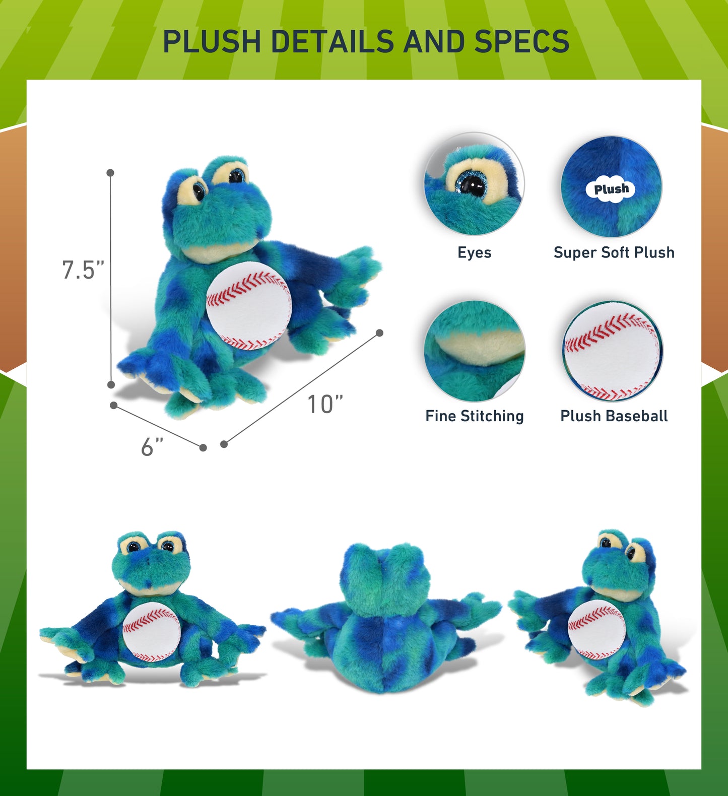 SUPER-SOFT PLUSH - BLUE TIE-DYE FROG 12" WITH BASEBALL PLUSH